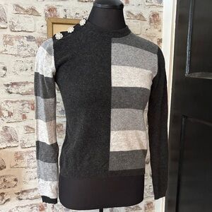 Ganni Gray Striped Cashmere Sweater with rhinestone buttons